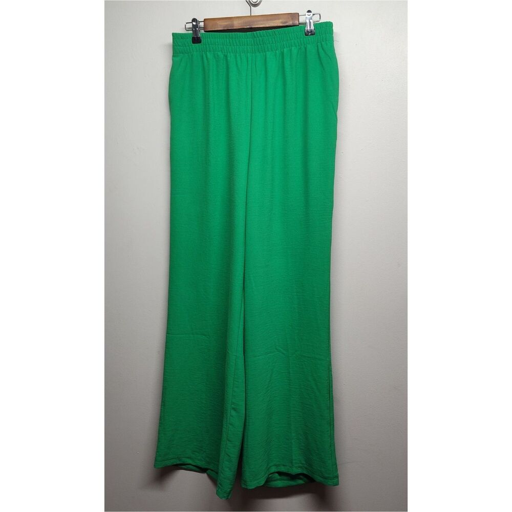 LC By Laura Cruz Wide Leg Pants Women M Green Elastic Waist Boho-Chic Casual